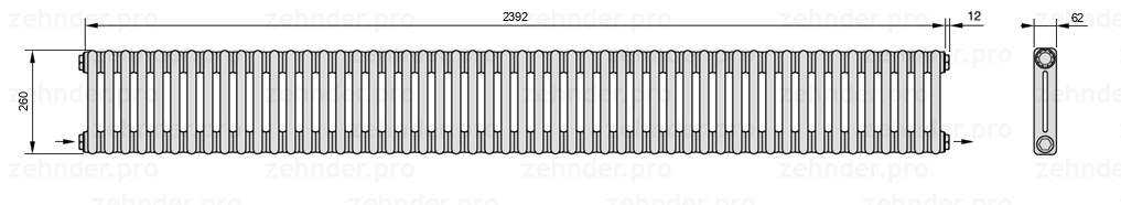 Схема (чертеж) Радиатор Zehnder Charleston 2026/52 №2670 Белый глянцевый RAL 9016